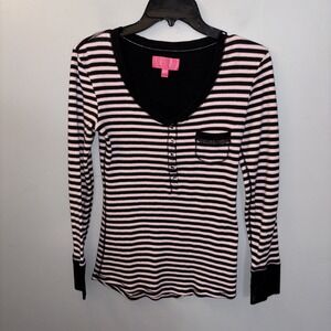 Y2K‎ Victoria's Secret Striped Long Sleeve Henley Top Black Pink Metallic Size M